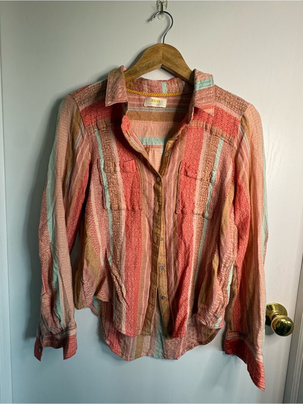 Maeve by Anthro Textured Striped Button-Front Women's Top Boho Coastal Western